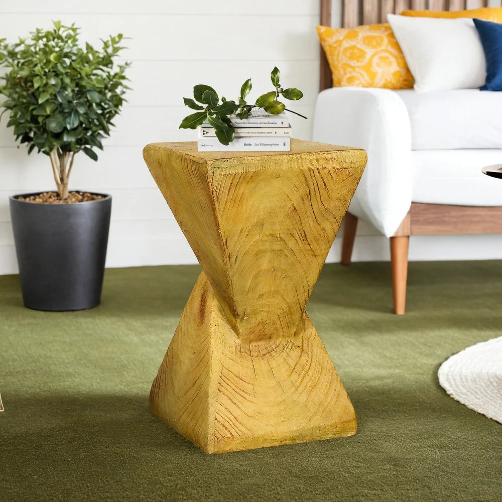 Skulpturaler Sanduhr-Beistelltisch aus beton mit Holzoptik